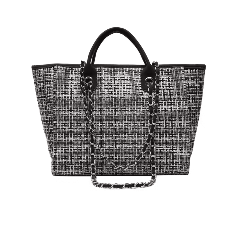 Front view of tweed tote bag in black finish by Kramers & Co
