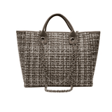 Front view of tweed tote bag in brown finish by Kramers & Co