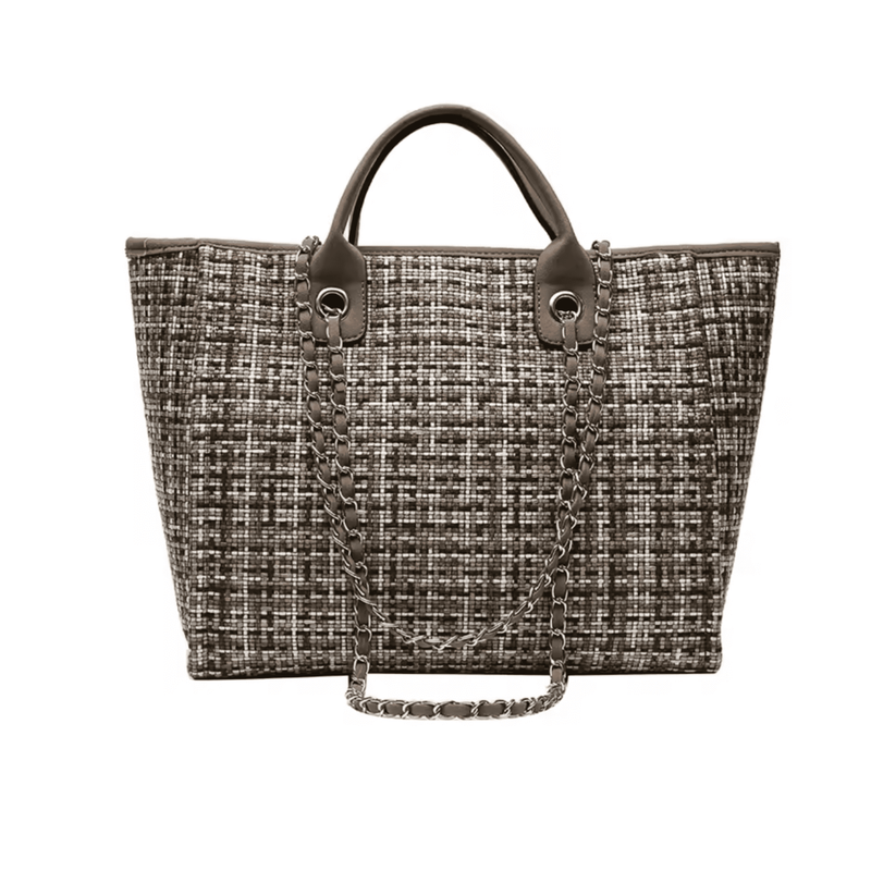 Front view of tweed tote bag in brown finish by Kramers & Co