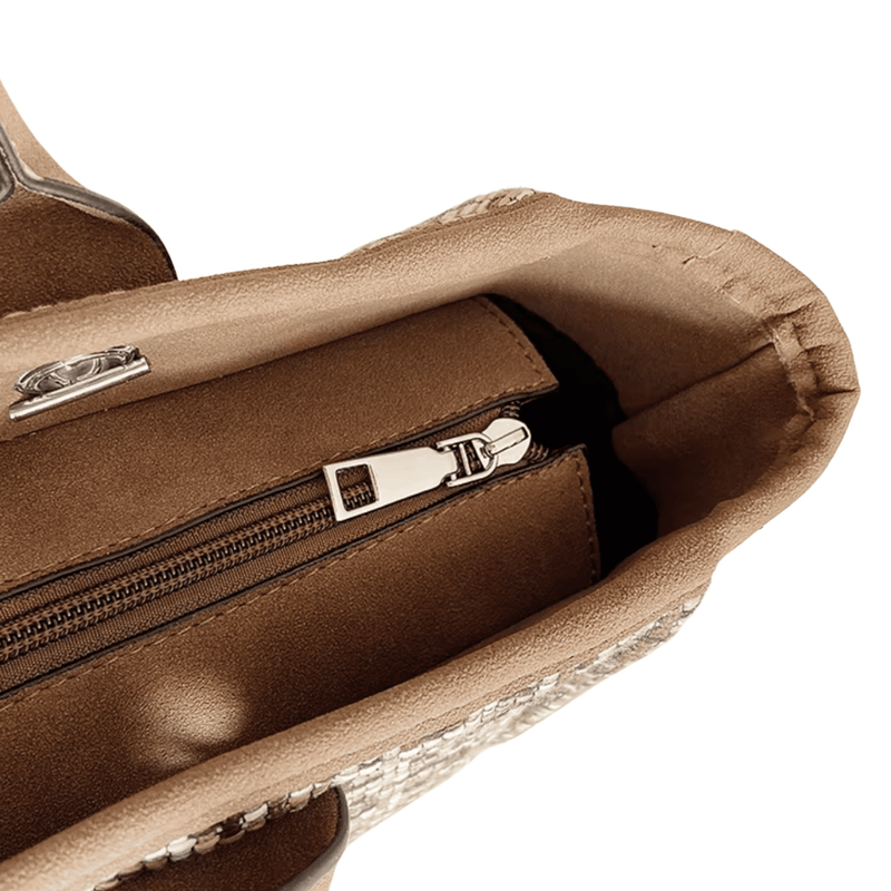 Close-up of zipper pull and closure detail on tweed tote bag by Kramers & Co